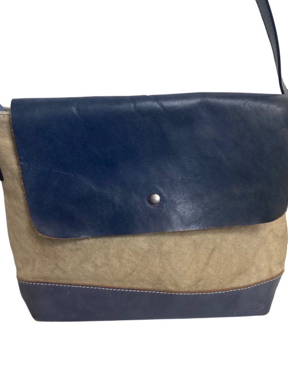 TSD Brand Canvas Leather Crossbody Bag 2 Tone Blue Beige Classic Lightweight - Picture 4 of 16